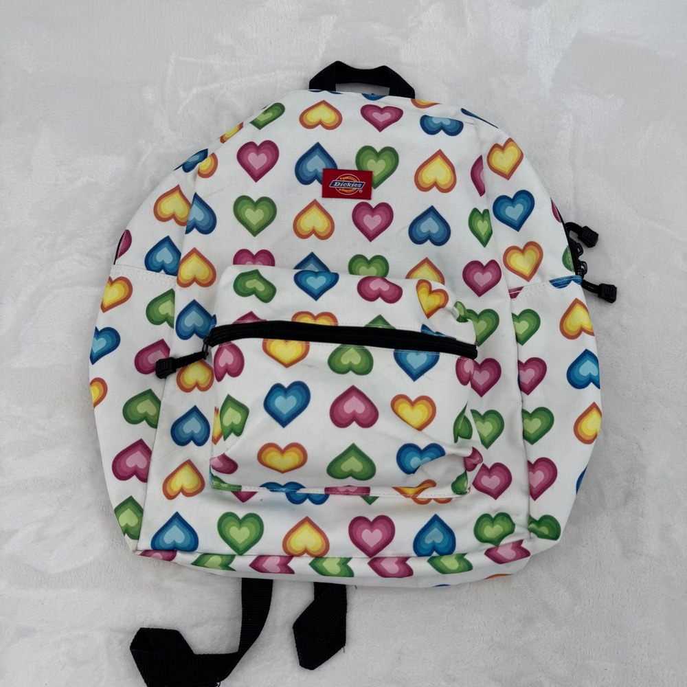 Dickies Rainbow Heart Print Backpack White Canvas School Bag Colorful Hearts
